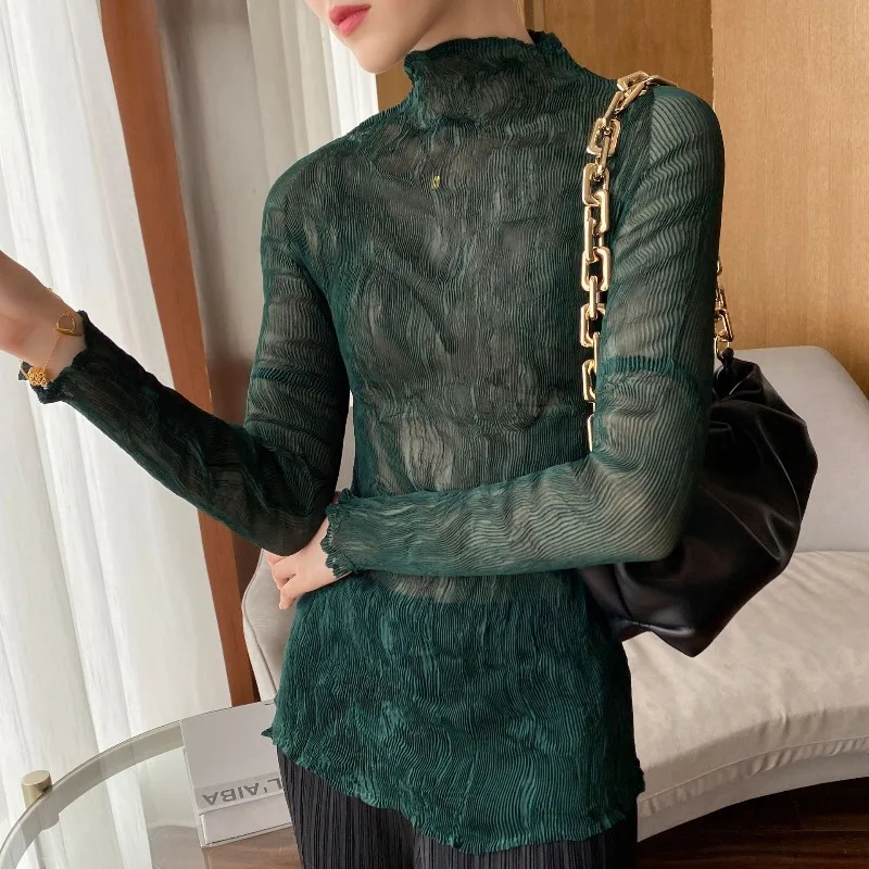 

Miyake плиссированная нижняя рубашка, простая модная сексуальная прозрачная сетчатая женская футболка с длинными рукавами, топы, эластичная женская одежда