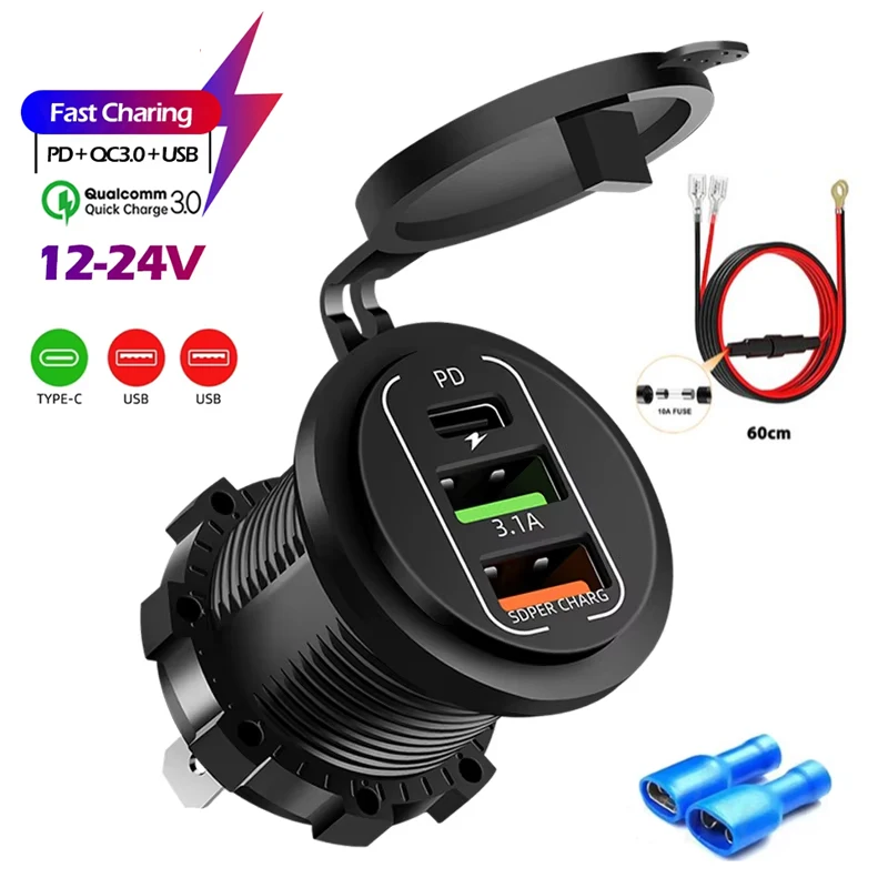 Universal 12-24V Motorcycle Car Charger Dual USB TYPE-C Charger Waterproof Power Socket Cigarette Light for Auto Truck ATV Boat