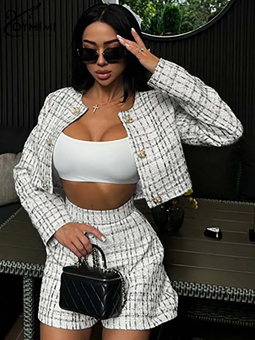 Oymimi Casual Weiß Drucken Zwei Stück Set Für Frauen Mode Oansatz Langarm Taste Crop Shirts Und Hohe Taille Shorts Weibliche set