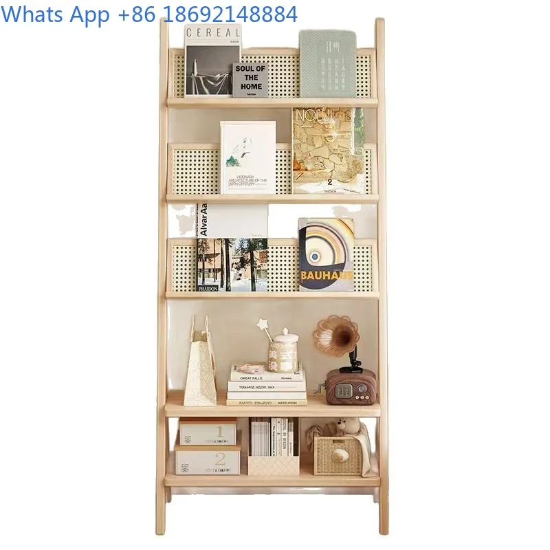Storage Rack Floor  Living Room Wall-Mounted Book and Newspaper Rack Vintage Bedroom Multi-Layer Display Cabinet Home Use