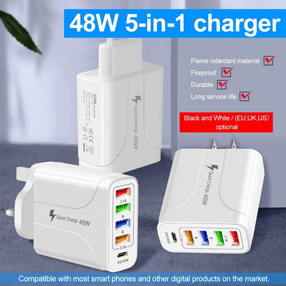 48W USB 5 Ports Charger 5 in 1 Fast EU US Plug Type C Quick Mobile Phone Charger Adapter For IPhone13 12 11 For Xiaomi 12