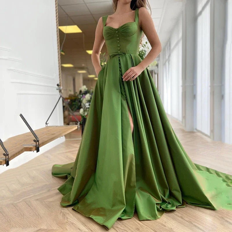 

Green Satin A-Line Evening Dress Slits Side Split With Pocket Straps Buttons Corset Back Pageant Formal Prom Dress Plus Size