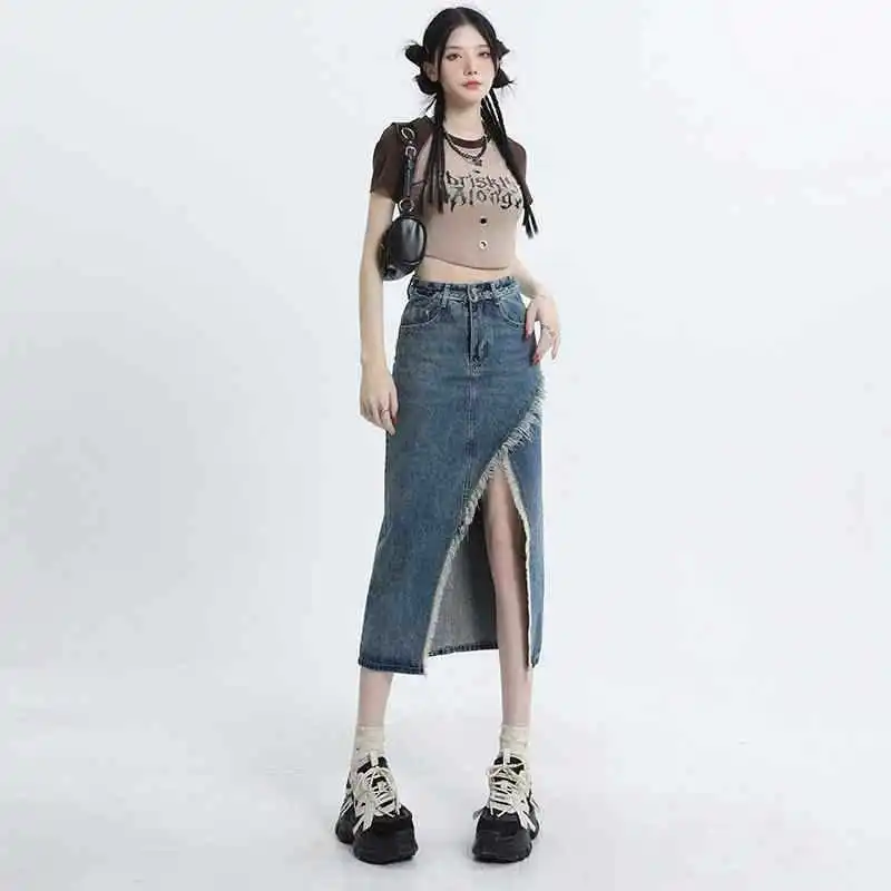 New Women's High Waist Slimming A-Line Midi Skirt Slit Denim Skirt Spring Autumn Half-length Skirt with Frayed Hem