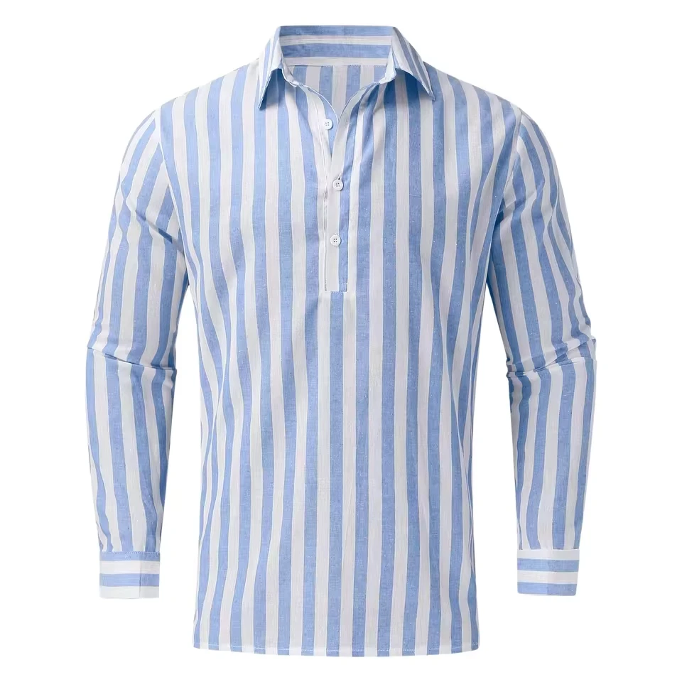 Elegant Roll-Up Sleeves Men'S Plaid Shirt Mens Fashion Casual Striped Linen Lapel Long Sleeve Shirt Top Blouse рубашка