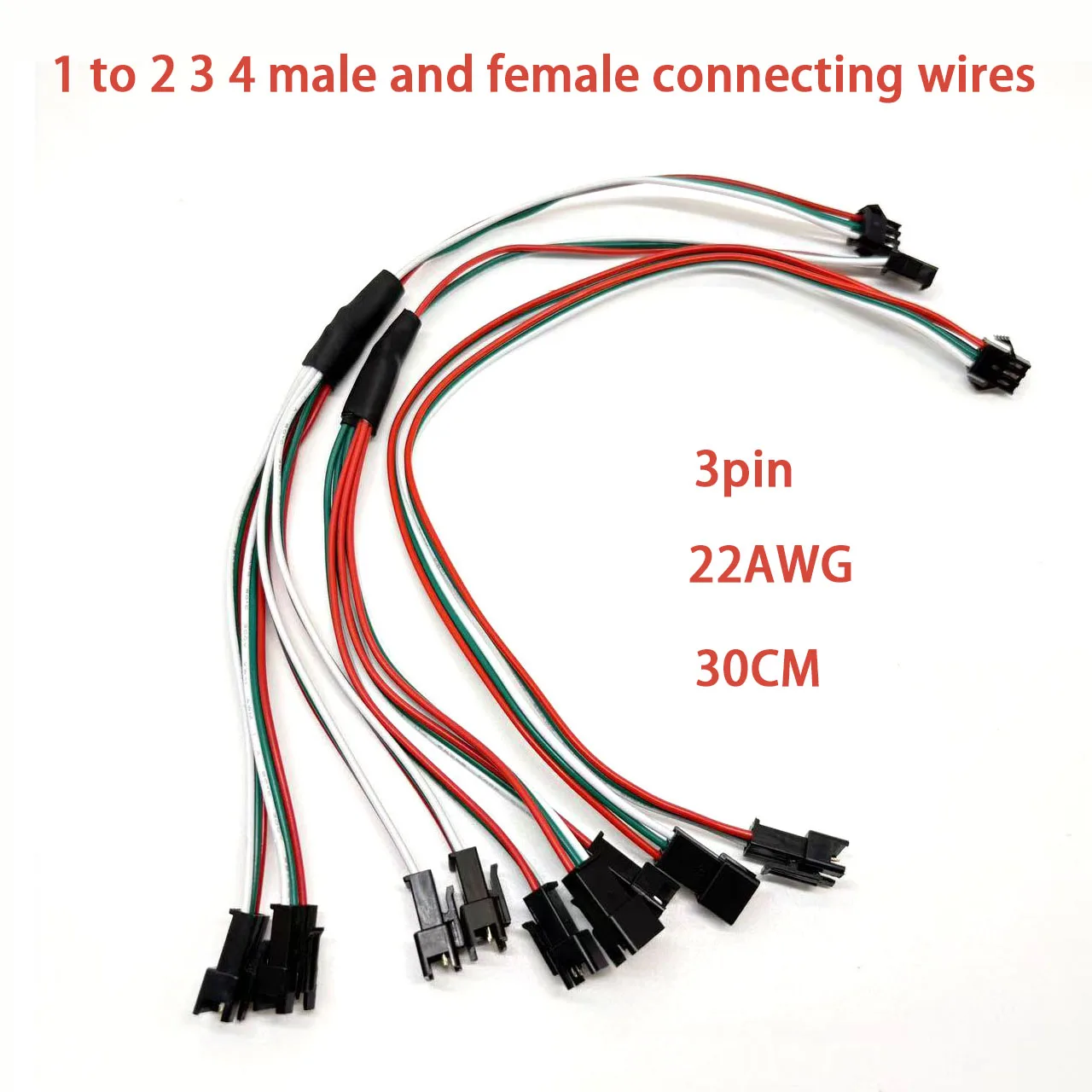 1Pcs LED Strip JST SM 3P Male Female Connection Harness 1 to 2 3 4 Synchronized Wire 2.54mm Pitch 30CM Extension Cable  22AWG