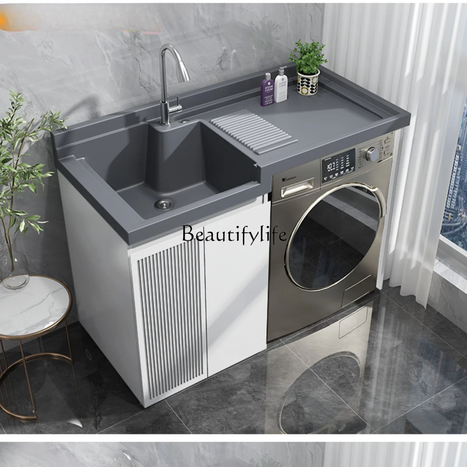 Stainless Steel Balcony Washing Machine Cabinet with Washboard Integrated Laundry Tub Companion Wash Wardrobe