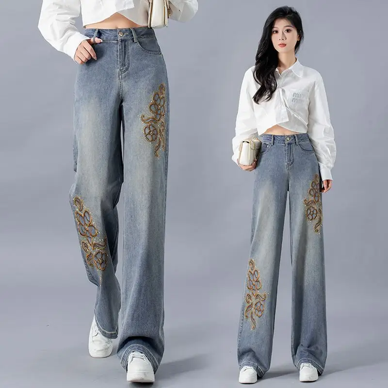 

High Waist Jeans Women 2025 Spring New Embroidery Rhinestone Loose Slim Wide-Leg Pants Streetwear Denim Trousers