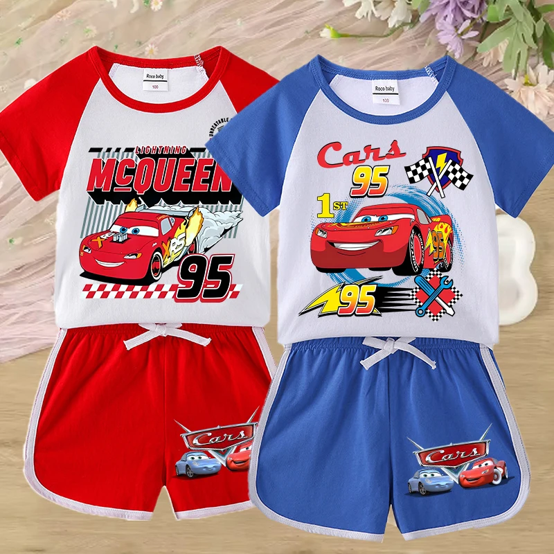 

2pcs Lightning McQueen Children T-shirt+Shorts Clothing Set Kawaii Anime Figures Short Sleeve Kid Casual Fashion Home Clothes