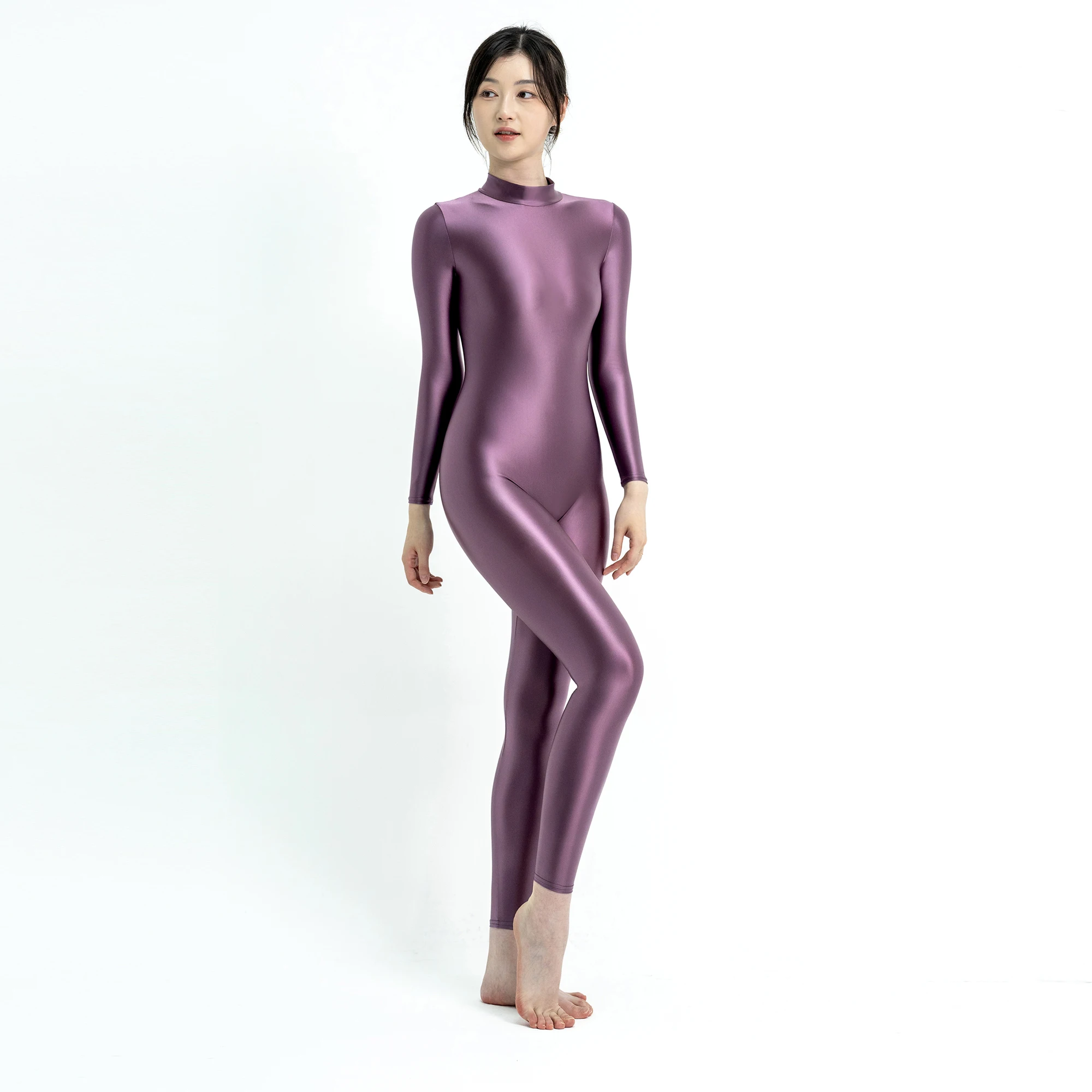 Satin Glossy bodysuit High Neck Long Sleeve sports bodybuilding fitting jumpsuit body zipper Leotard Shining japanese swimsuit