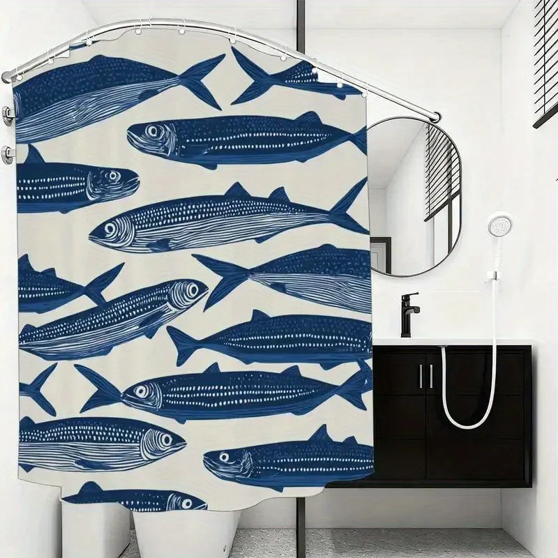 

Nordic Blue Fish Shower Curtain – Illustrated Mackerel Pattern, Repeat Design, 12 Hooks, 70.87×70.87" Waterproof Bath Decor