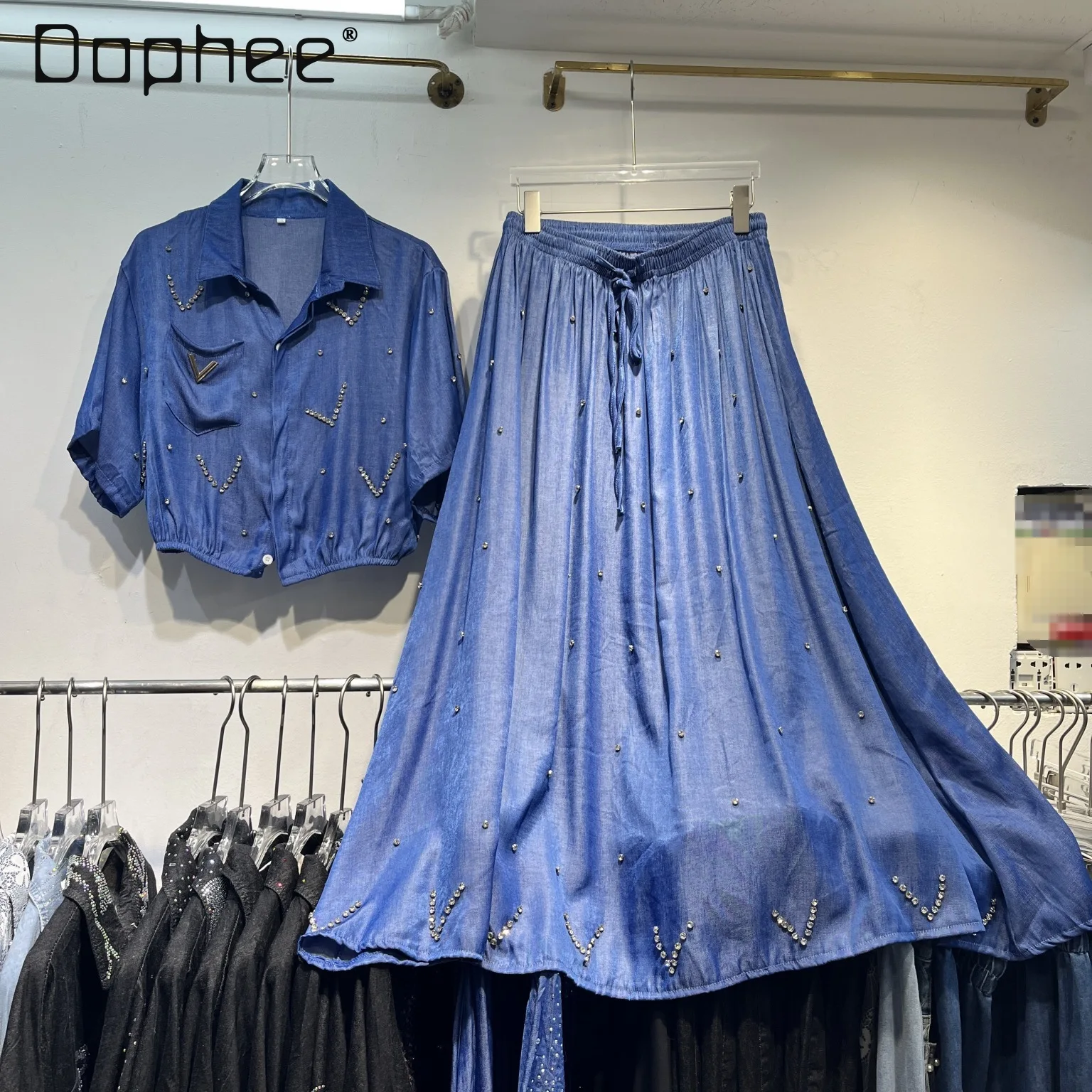 

European Light Luxury Beaded Short Sleeve Shirt + Heavy Industry Mid-length Skirt Two-piece Set Street Personality Denim Suit