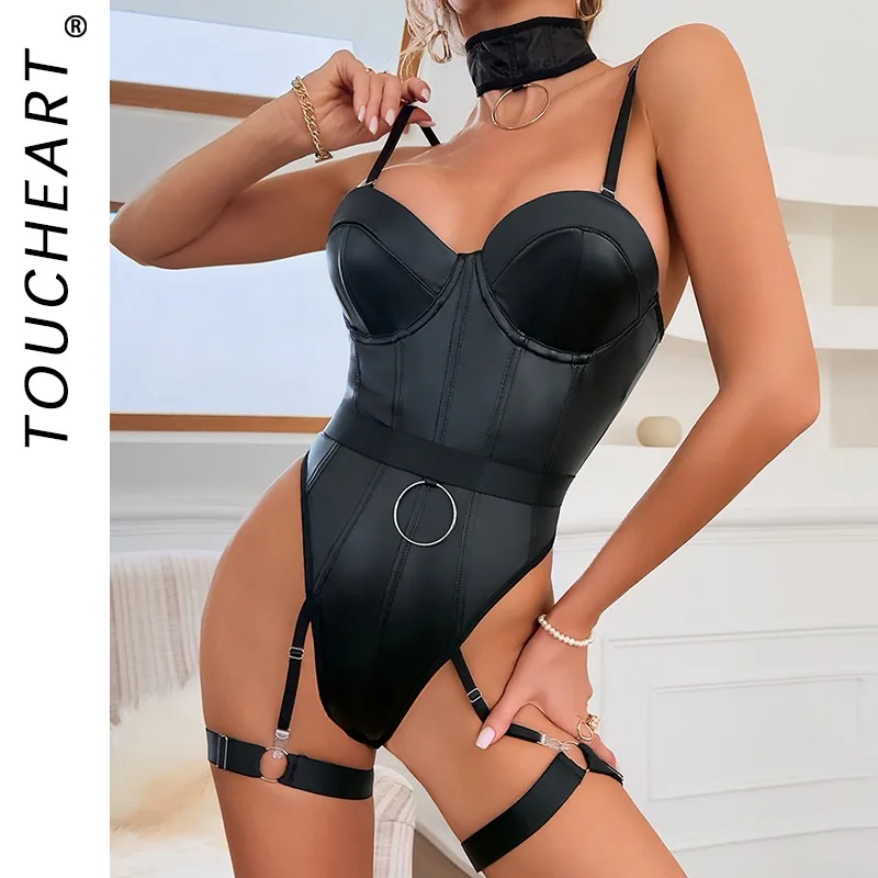 

Toucheart Эротическое боди Большой металлический круг Холтер с поясом Роскошная соблазнительная очаровательная частная интимная кожаная куртка Горячий комплект