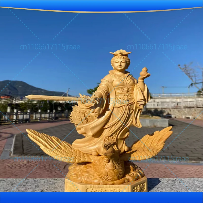 Hand Carved Juniper Wood Jiu Tian Xuan Nu Statue - Nine Heavens Goddess Phoenix Riding Figurine Ornament for Home Temple Altar