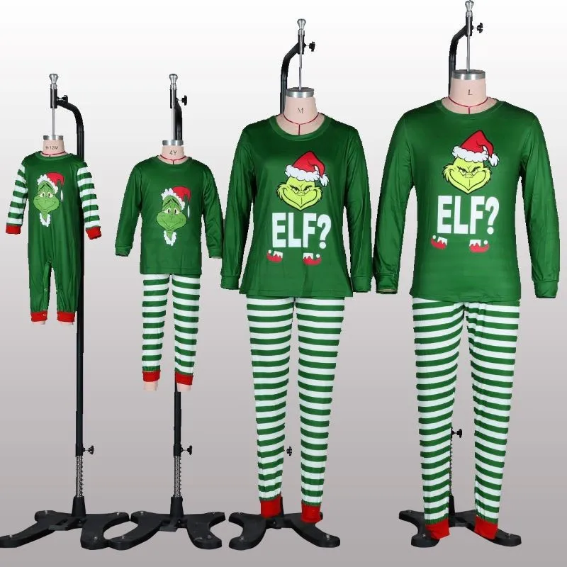 Xmas Matching Family Pajamas Elf Set 2025 Xmas Green Cotton Print Pjs Adult Child Clothing Outfit set Baby Jumpsuit+Dog Clothes