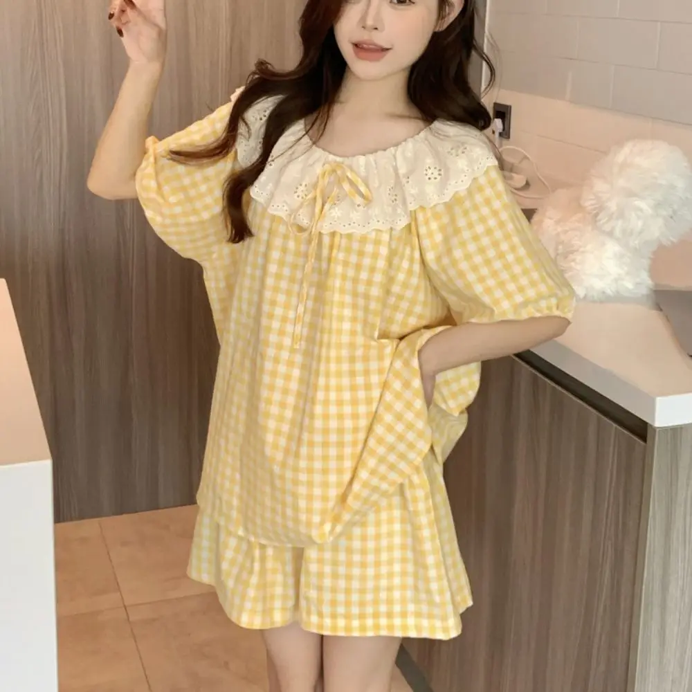 Ensemble pyjama en dentelle à volants et motif quadrillé, col rond, short ample, caraco, vêtements de nuit pour femme, tenue d'intérieur à manches courtes