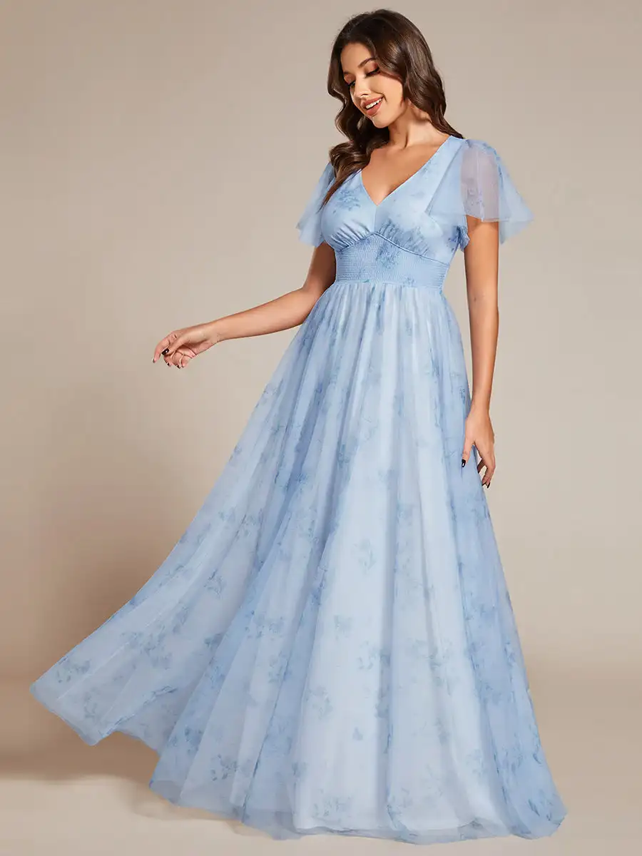 Elegant Evening Dresses Floral Tulle Deep V-Neck Short Sleeve 2024 Ever Pretty of Printing Ice blue Bridesmaid Dress