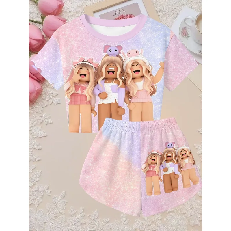 Girls Two Piece Crop Casual Suit Pink Petal Glitter Wing Fairy Cartoon Girl Star Sparkle Gradient Print Short Sleeve Kids Outfit