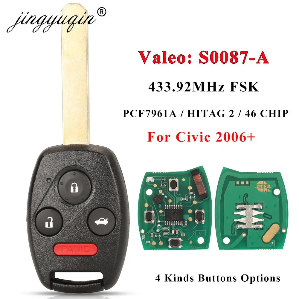 jingyuqin N5F-S0087-A Remote Car Key 433MHz ID46 Chip for Honda Civic 2006 2007+ Auto Keys Fob Control 72147-SNB-T010-M2