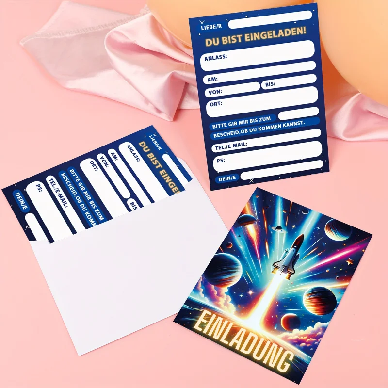 Juego de 12 tarjetas de invitación Cool Space Planet para fiesta de cumpleaños con tema de nave espacial, invitaciones de fiesta temática espacial juvenil