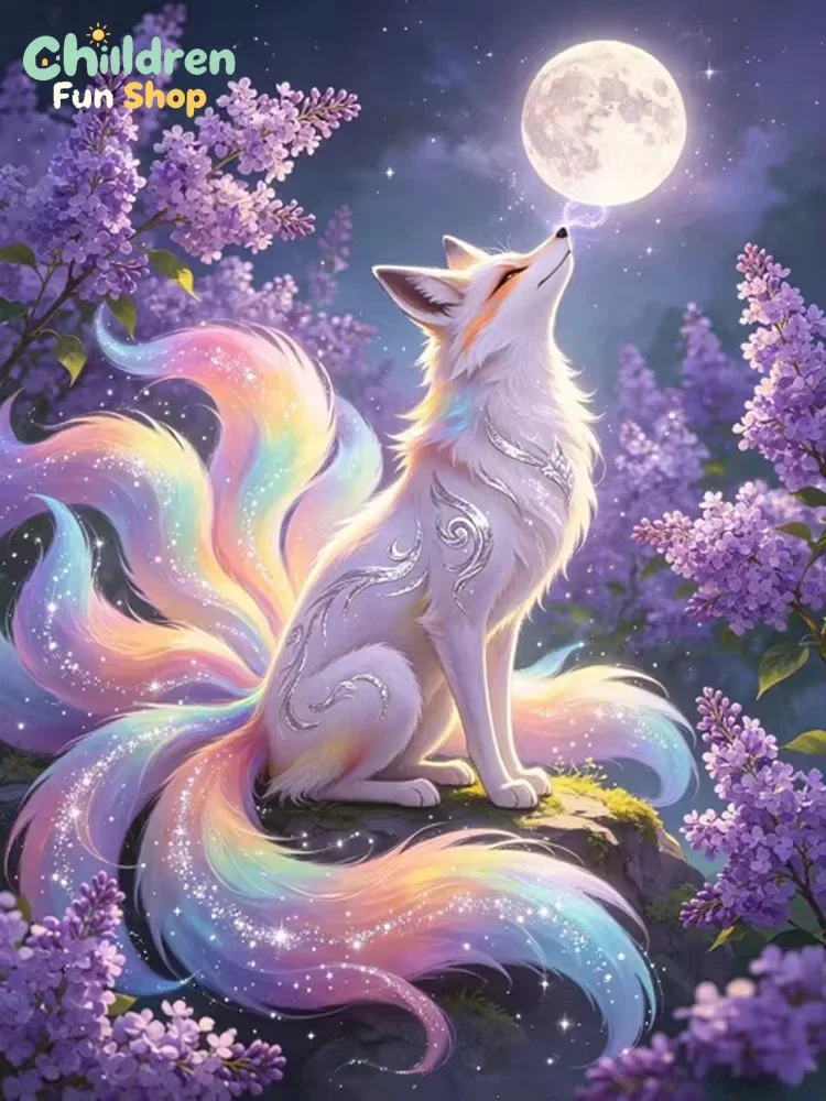Rainbow Glowing Nine Tails Fox Lavender Full Moon Diamond Painting, Living Room Bedroom Wall Decor 5D DIY Handmade Craft Gift,