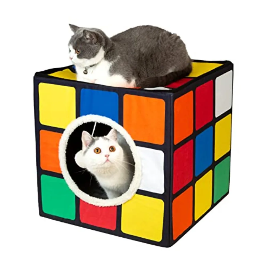 

Складной домик-лежанка для кошек в форме кубика Рубика с двусторонними подушками и пушистым шариком, большая лежанка-пещера в форме головоломки для домашних кошек