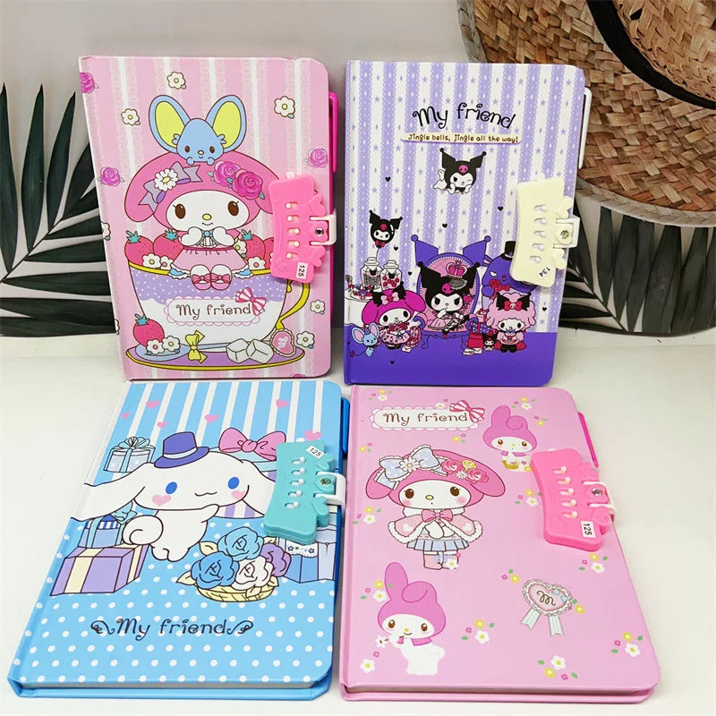 Sanrio Notebook Set with Password Lock My Melody Kuromi Cartoon Writing Book Cute Journal for Students Birthday Gifts