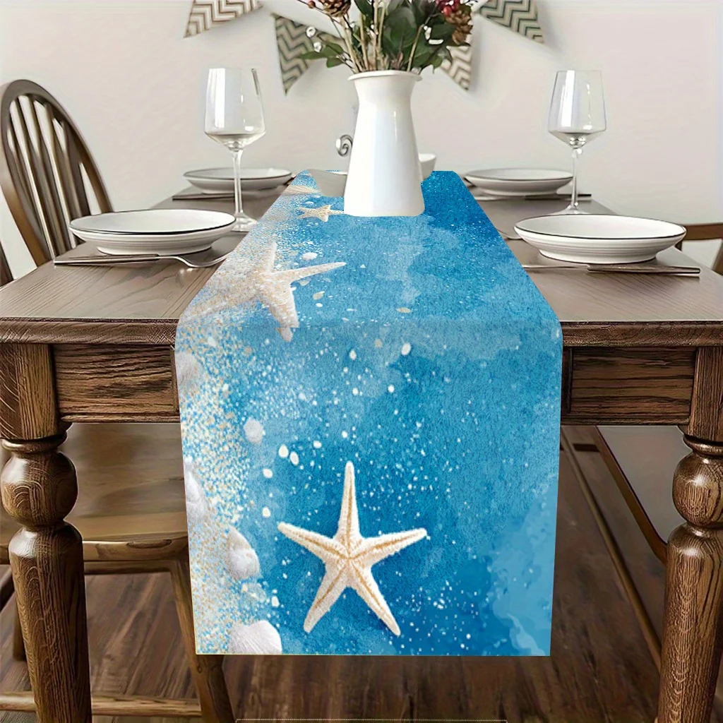 1 Piece of Ocean-Themed Table Runner with Shells and Starfish, Suitable for Farmhouse Decor, Indoor Use, Kitchen, Celebrations, Table Decoration, Restaurant and Banquet Decoration Supplies