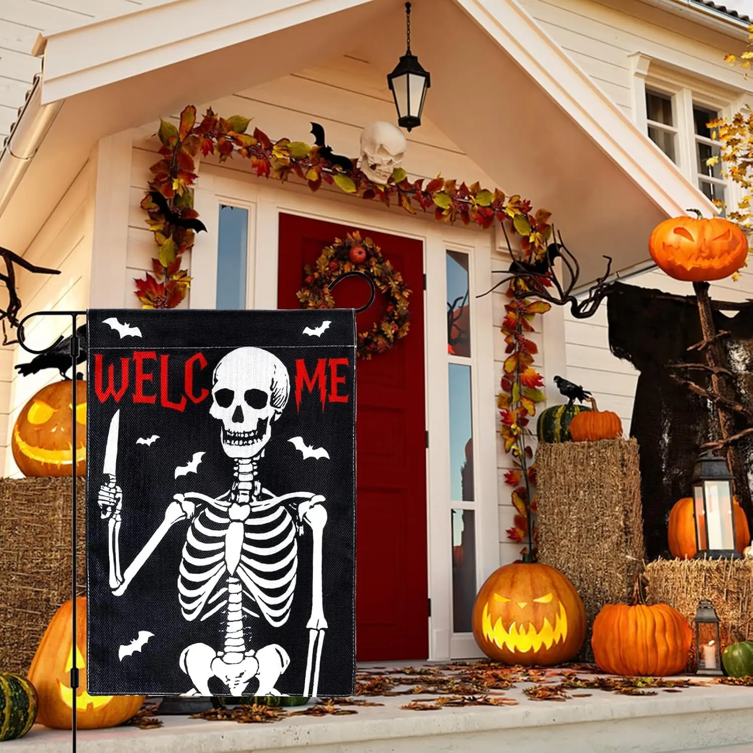 Halloween Garden Flag Halloween Decorations Outdoor Welcome Garden Flags for Outside 12x18 Inch Double Sided Skeleton Decor  SSL