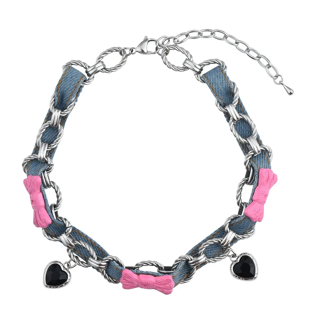 2025Сладкое и крутое ожерелье для горячих девушек, подвеска в форме сердца с розовым бантом, синее джинсовое ожерелье-колье