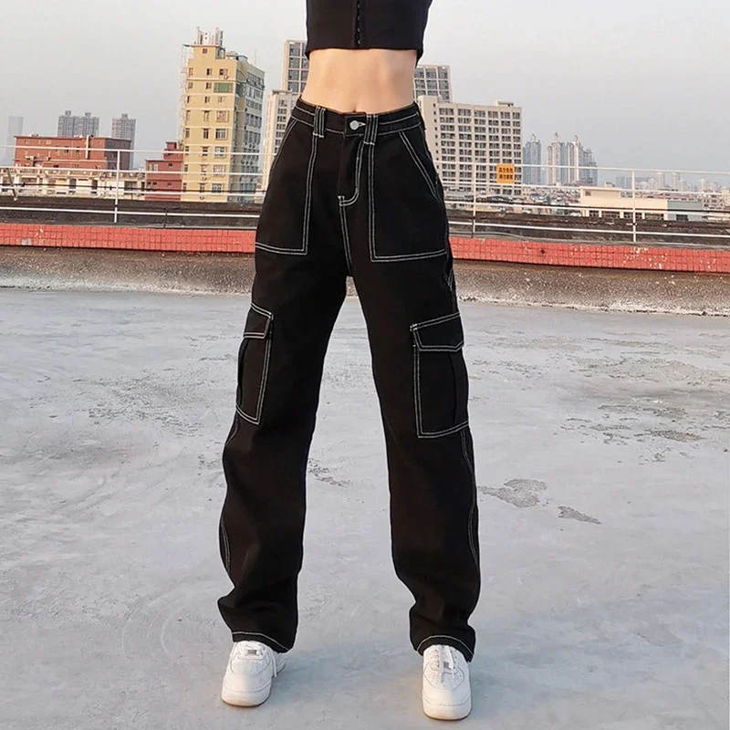 

Baggy Jean Women Y2K Cargo Pants 2024 Fashion Chic Patchwork Pockets Straight Jeans Autumn Winter Streetwear Black Denim Trouser