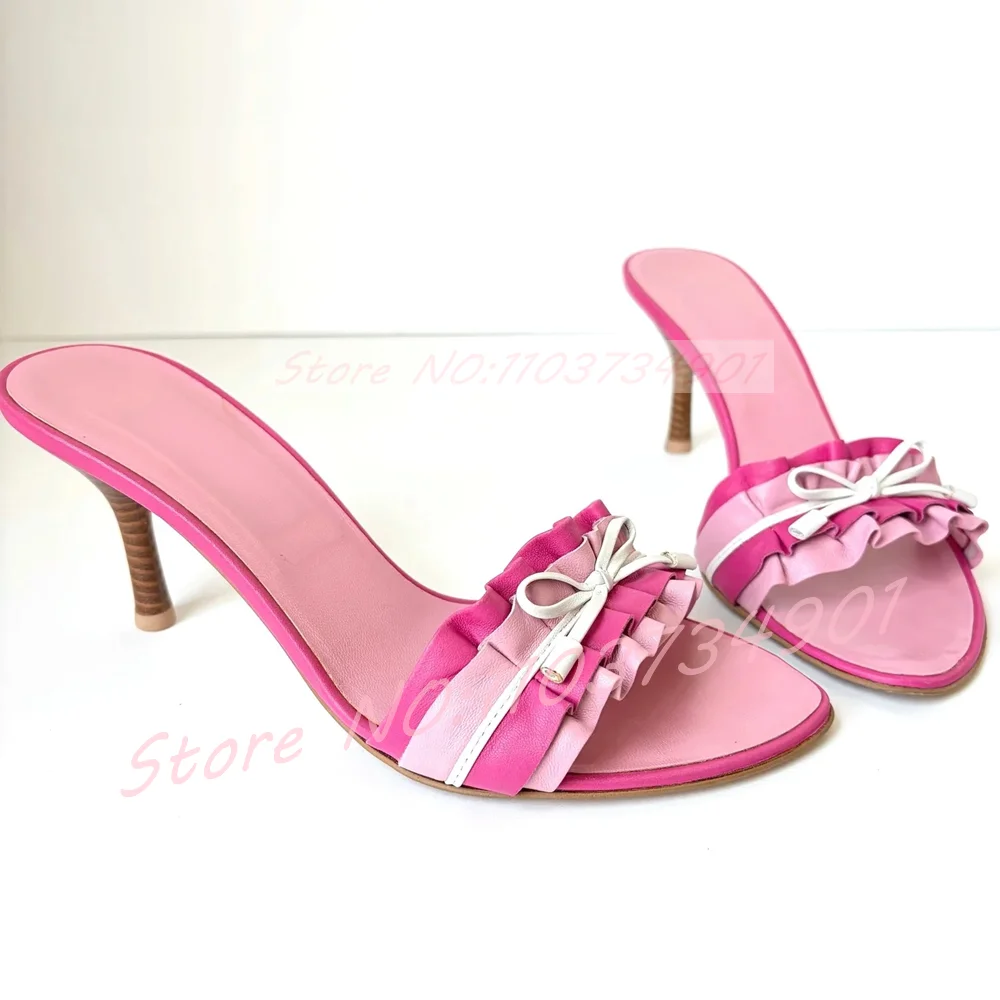 Pleated Ruffle Bow Tied Heeled Mules Sweet Rose Pink Open Round Toe Slippers Casual Outdoor Fashion Lovely High Heels Mules