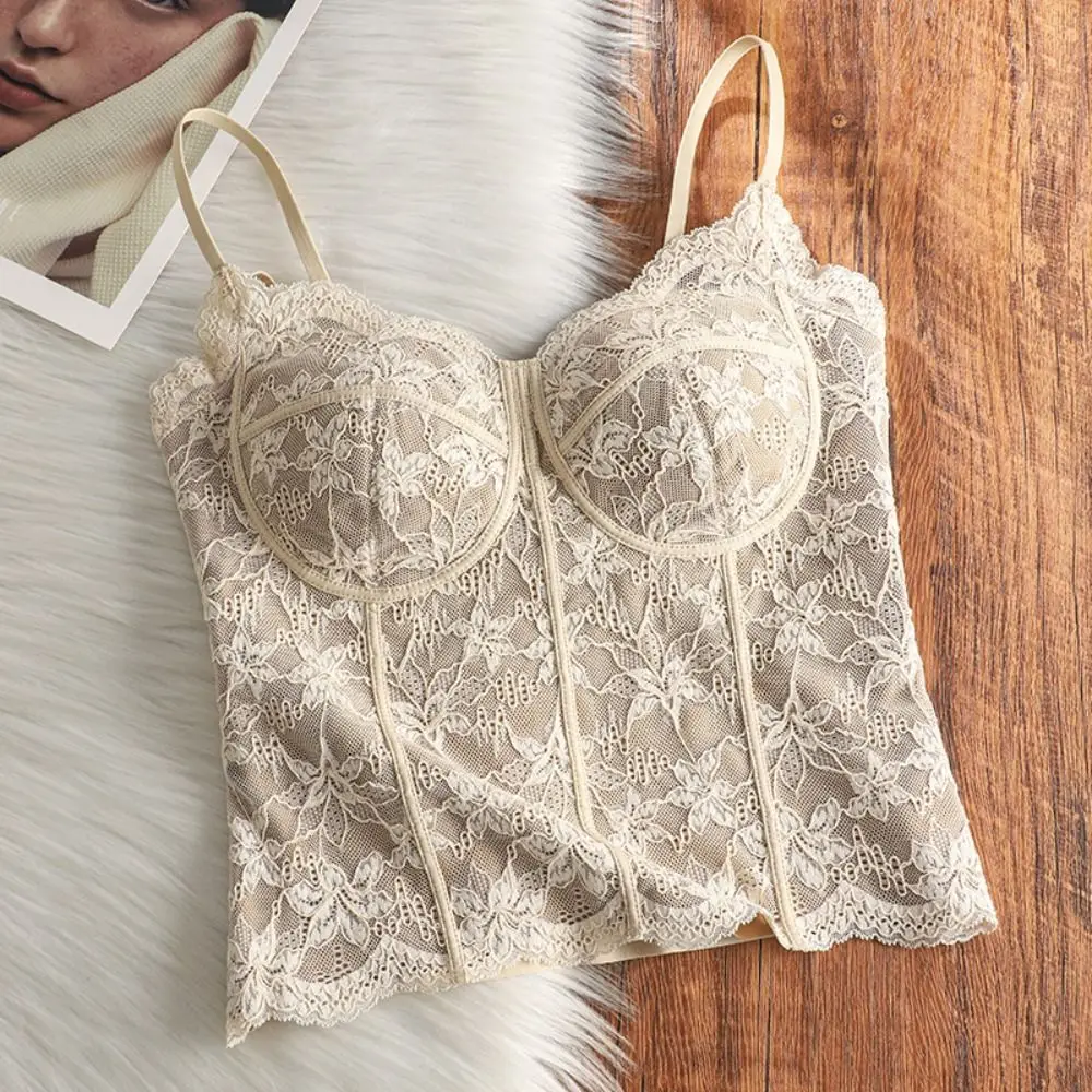 Fashion Mesh Flower Slim Lace Crop Top Sweet Bottoming Shirt Girl's Vest Top Summer Spicy Girls Style Camisole with Pads Lady