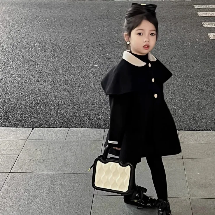 Outerwear Girls Coat Winter New Korean Woolen Cloth Overcoat Middle Length Soild 2023 Turn Down Collar Fashion Simple