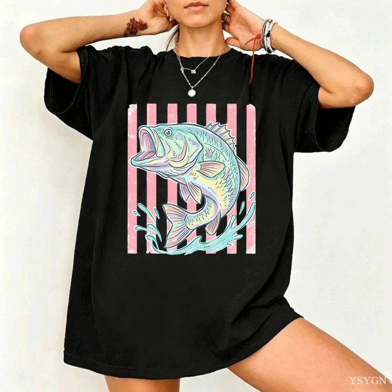 2026 Fashion New Preppy Coastal Lake Retro Bass Fish Graphic T-Shirt Pastel Print Summer Beach Lover Casual Gift Basic Top Tee