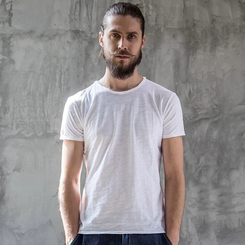 

Мужская футболка с короткими рукавами из бамбукового хлопка, тонкая дышащая однотонная рубашка с круглым вырезом, модная футболка с половиной рукавов