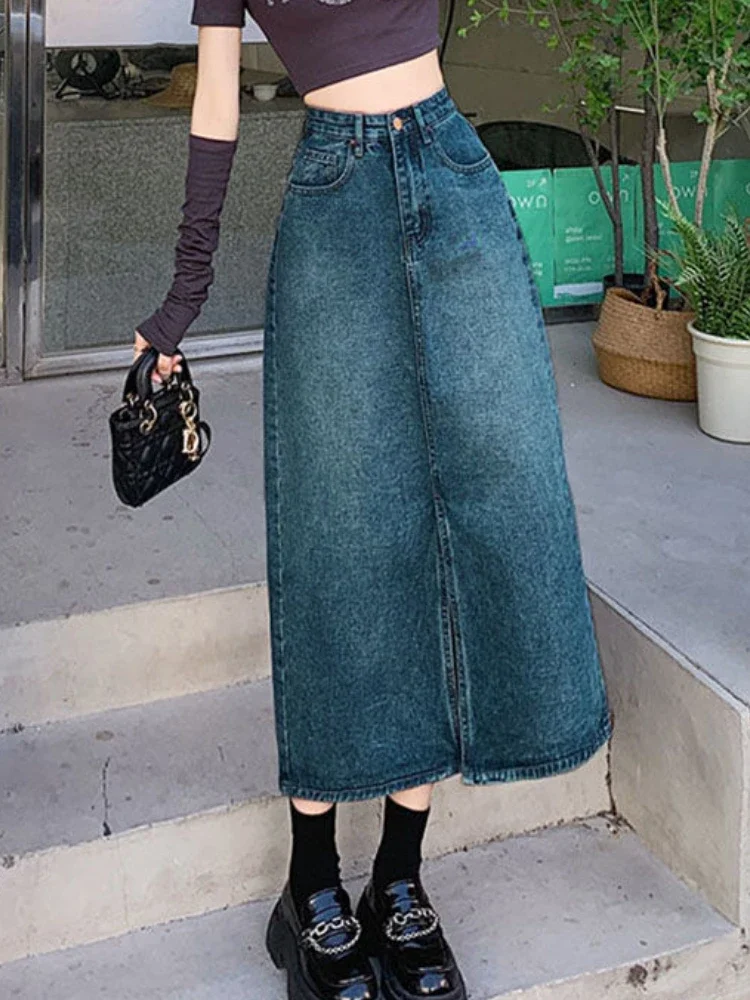 Denim Skirts Women Slit Midi-calf Solid Casual Baggy Streetwear Fashion Chic High Waist A-line Temper Korean Style Basic Spring