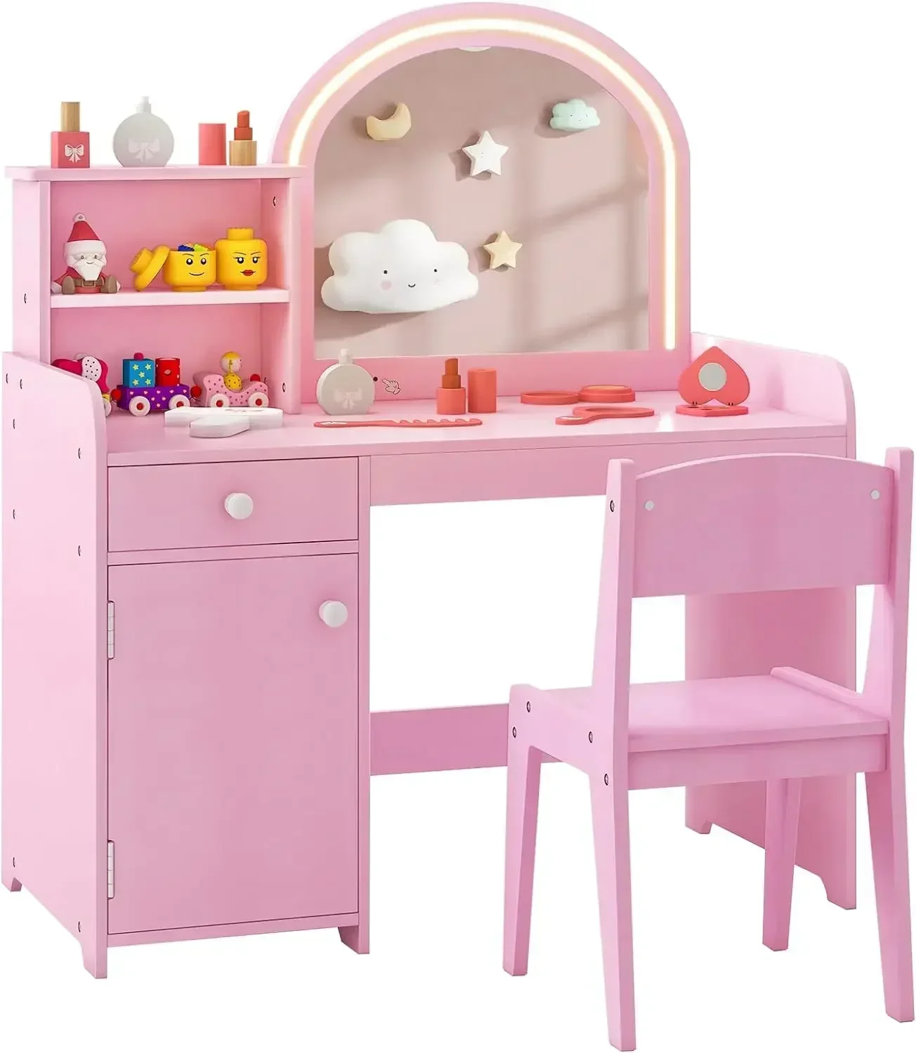 

Kids Vanity,Girls Set with Mirror and Stool and Lights,Makeup Desk Lights,Drawer & Storage Cabinet