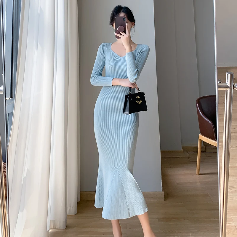 Women Winter Knit Sweater Dresses Hot Sexy Bodycon Skirt Elastic Knitted Long Sleeve Deep V Neck Skirt Knitted Top Dress S04