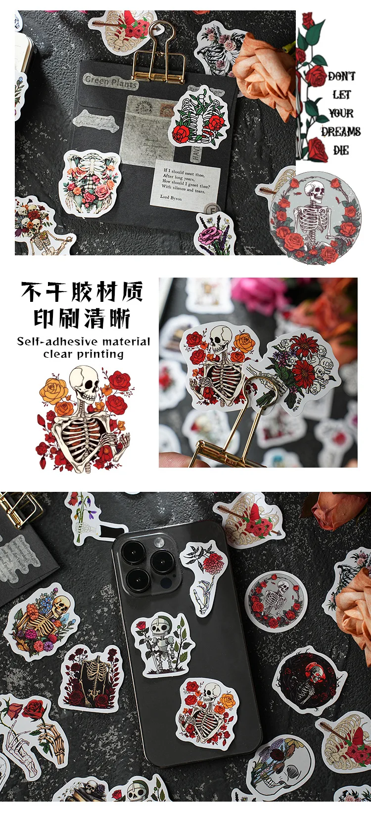 Self Adhesive Sticker Set 30 Pieces Rose Funeral Floral Theme for Journal Scrapbook Decoration Multicolor Paper Sticker