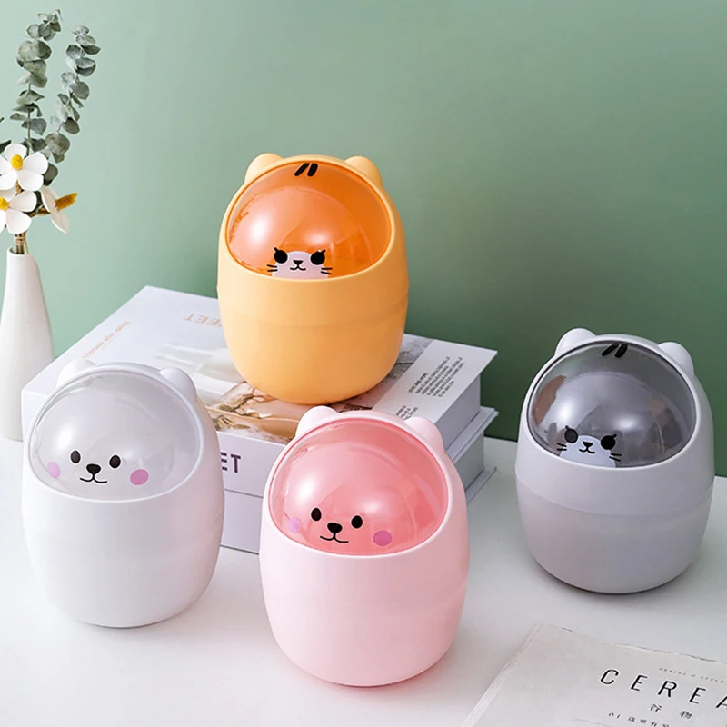 Cute Cartoon Storage Bin With Lid Wastebasket Desktop Garbage Storage Bucket Mini Brushes Makeup Bin For Home