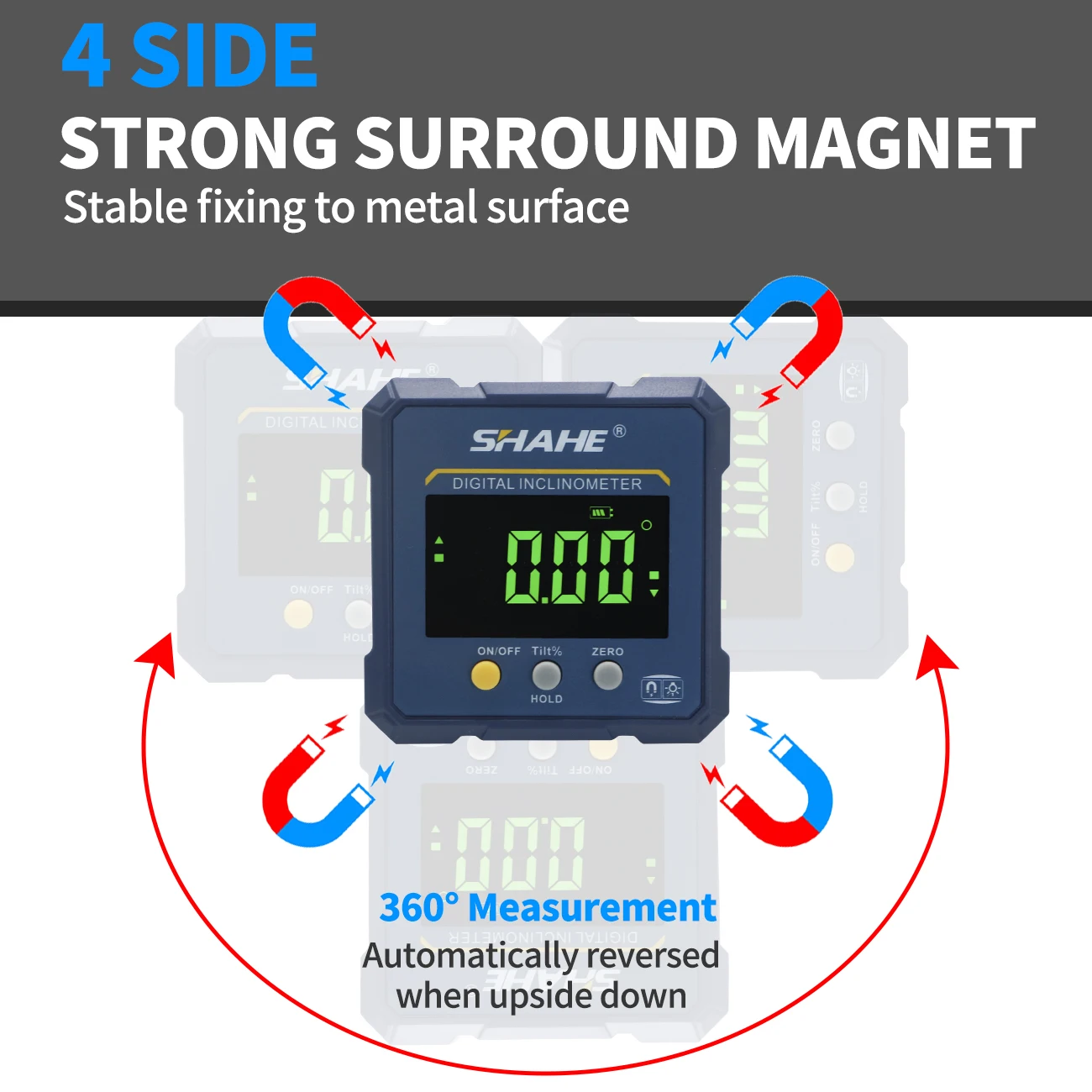 SHAHE 4-sides Magnets Digital Angle Finder Protractor 2 In 1 Digital Level Angle Gauge Rechargeable Digital Inclinometer