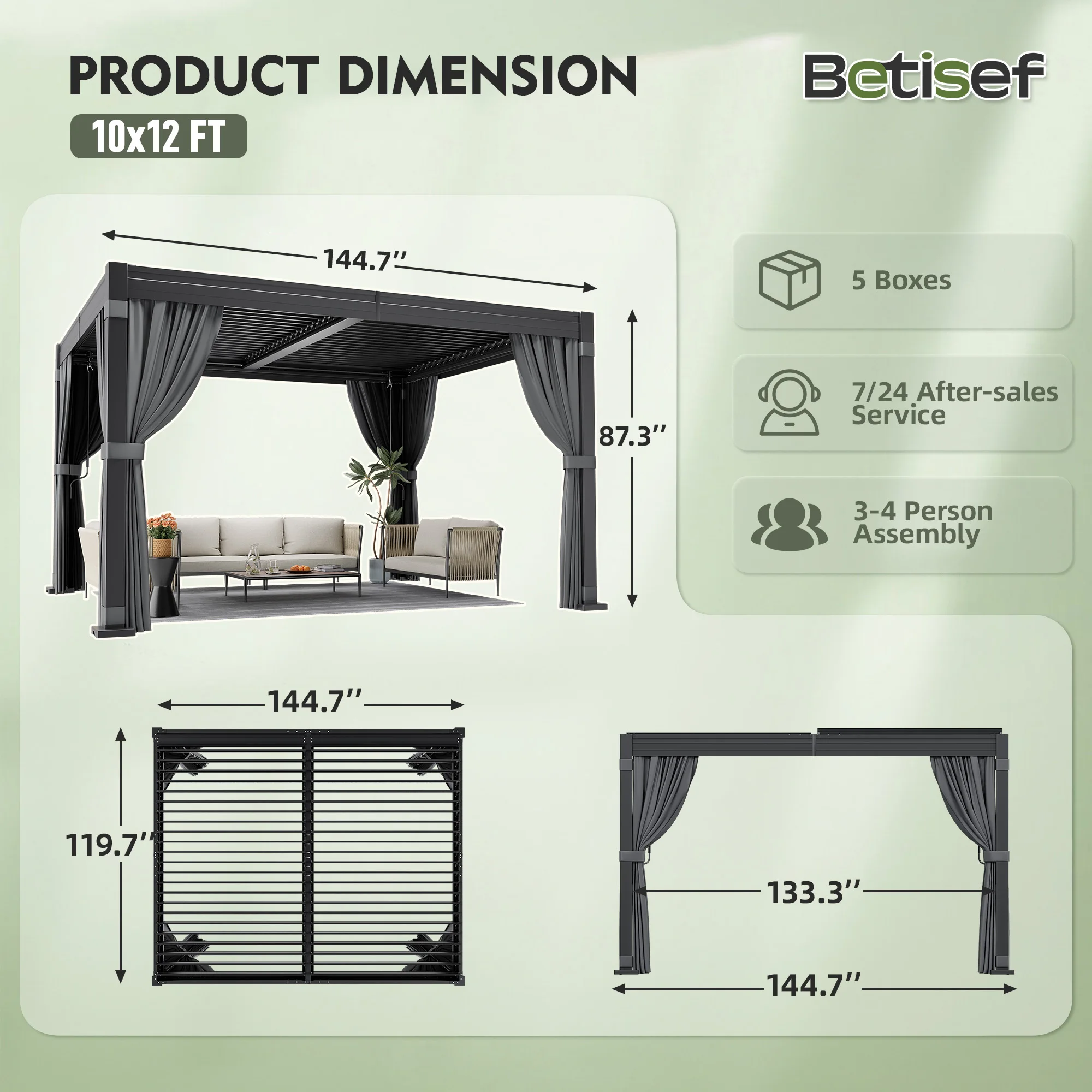 10x12 FT Louvered Pergola, Outdoor Pergola with 2 Independent Adjustable Roof and Drainage System, Metal Pavilion with Curtains & Netting, Hardtop Gazebo for Patio, Deck, Garden, Dark Gray