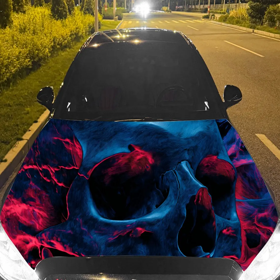 

Car Decal Skull in Dynamic Red & Blue Textured Design - Edgy Intense Aesthetic Car Hood Sticker, Waterproof Self - Adhesive PVC