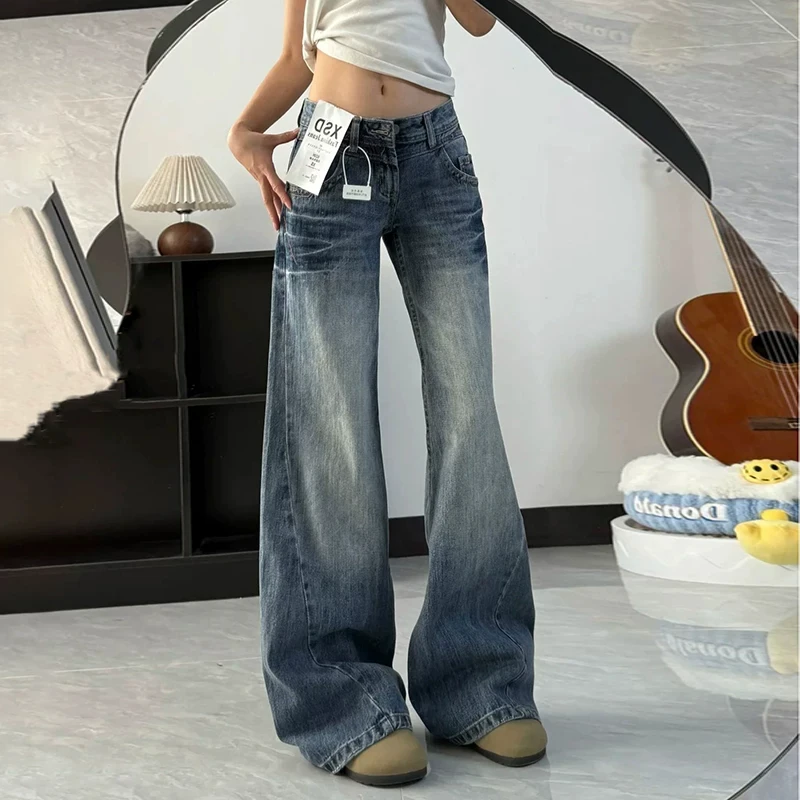 Retro Low Waist Wide Leg Denim Jeans Women's Loose American Style Micro Flared Pants Cotton Stretch Denim Fall New Arrivals