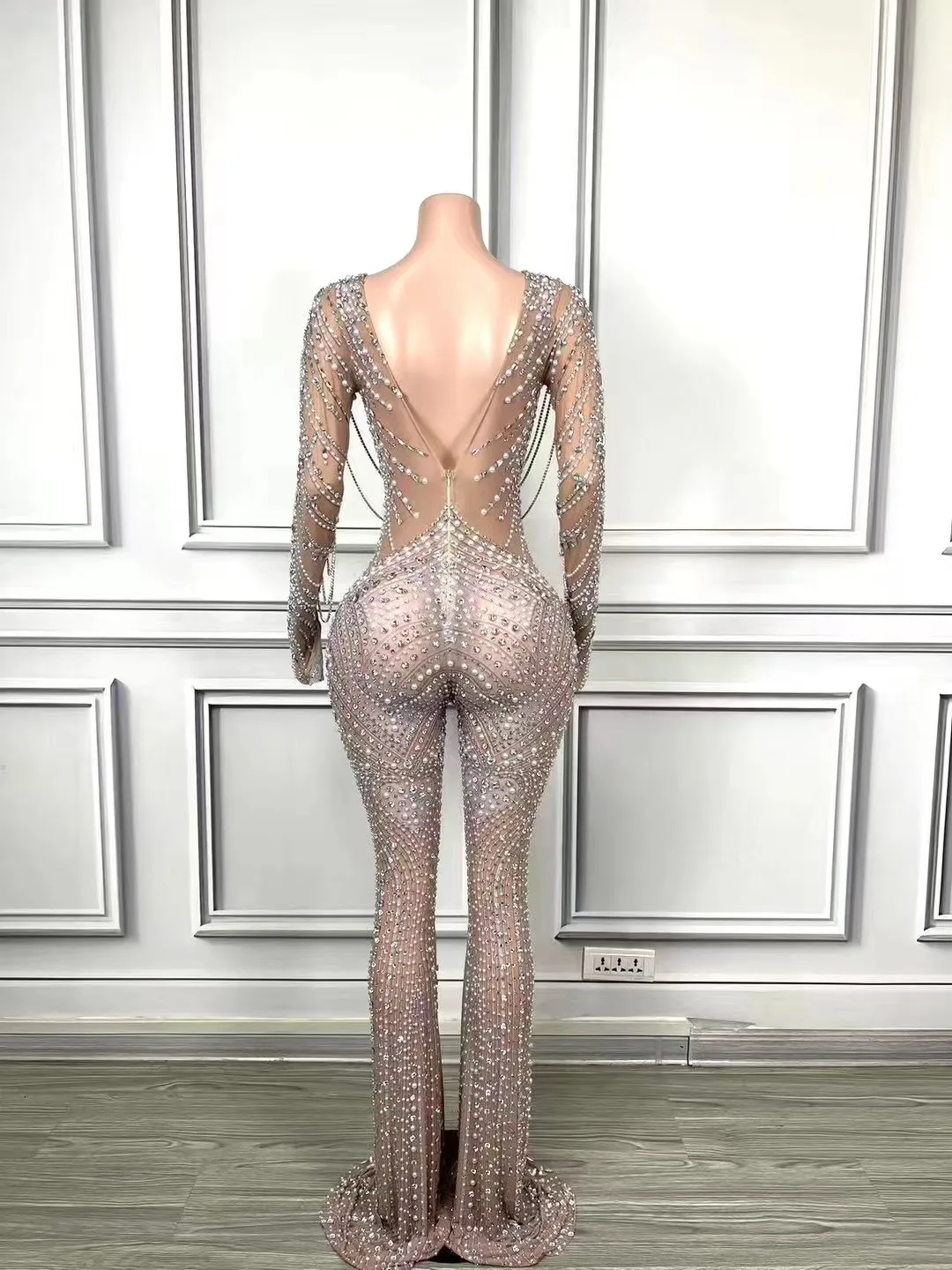 Heavy Industry Elegant Dinner Dress Luxury Full Diamond Pearl Diamond Chain Super a One-Piece Wide-Leg Pants Singer Stage Perfor