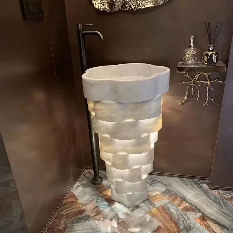 Marble integrated column basin, bathroom wash basin, art basin