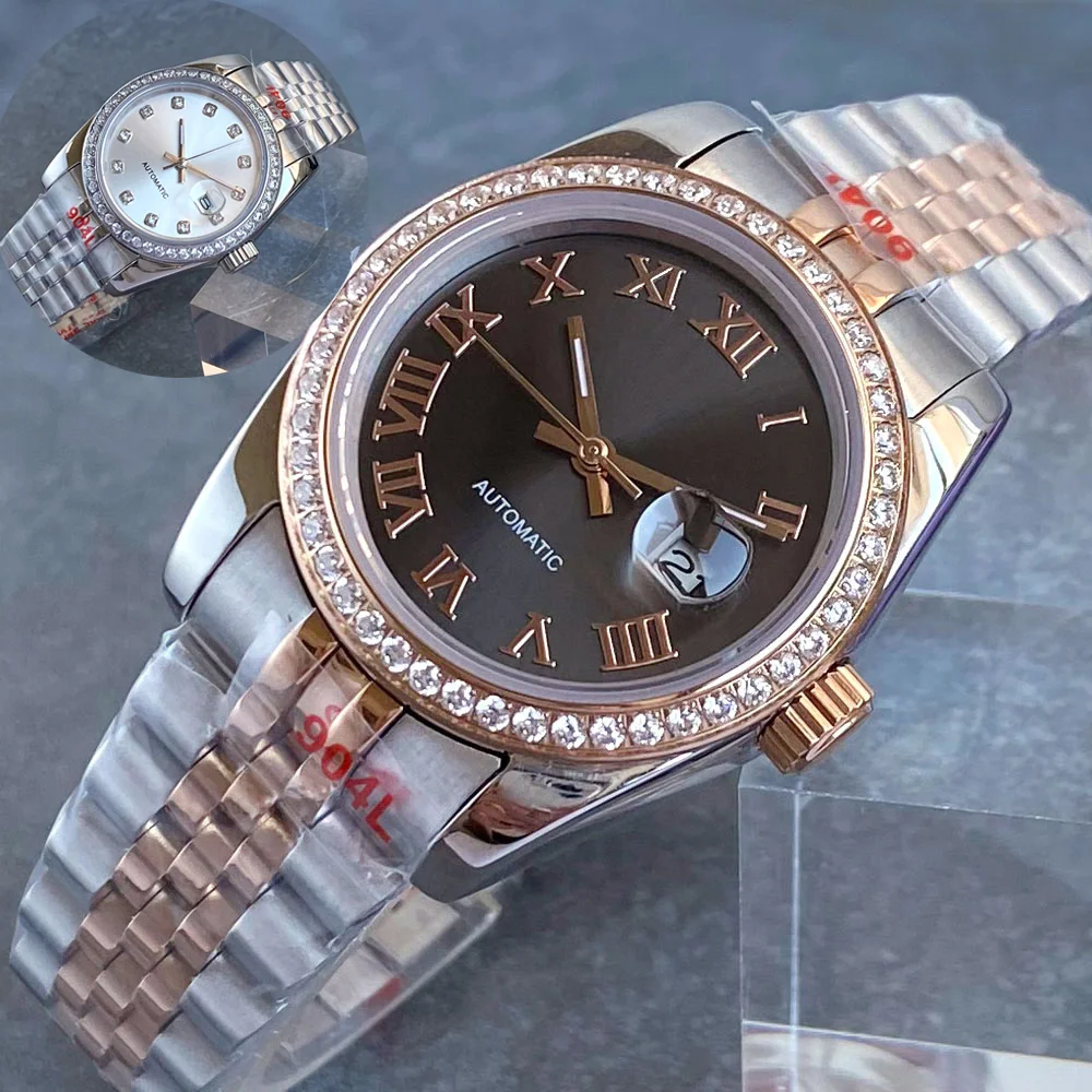 

Bliger Diamond Bezel Black Sunburst Dial Roman Numbers 31mm NH05 Automatic Women Lady Watch Sapphire Luxury Rose Gold Wristwatch