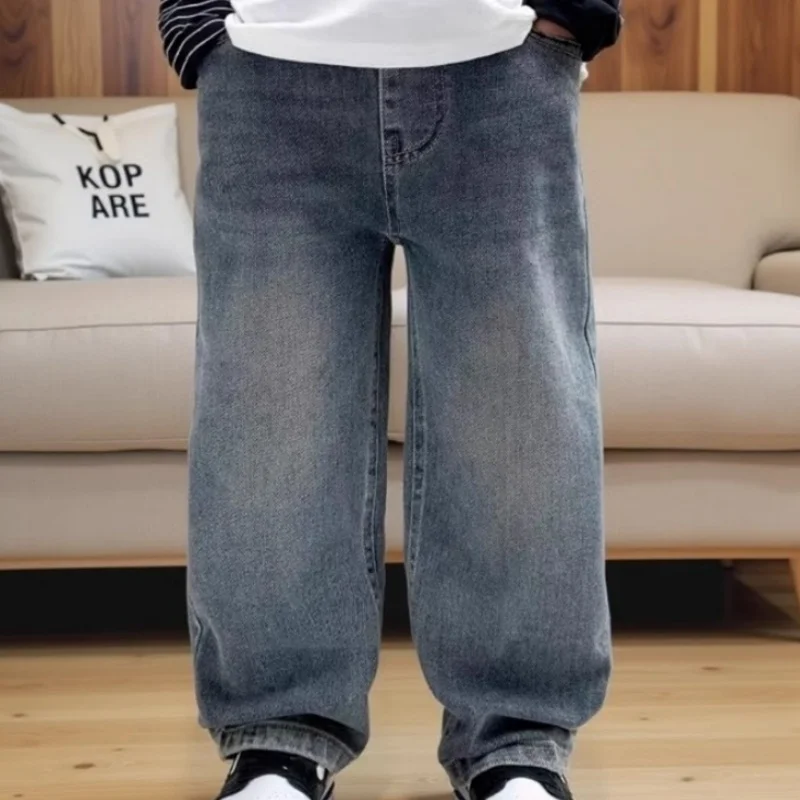 Kids Pants Boys Korean Childrens Pocket Clothing 2025 Spring New Trousers Straight Wide Legs Jeans Spring New High Quality 4-14T