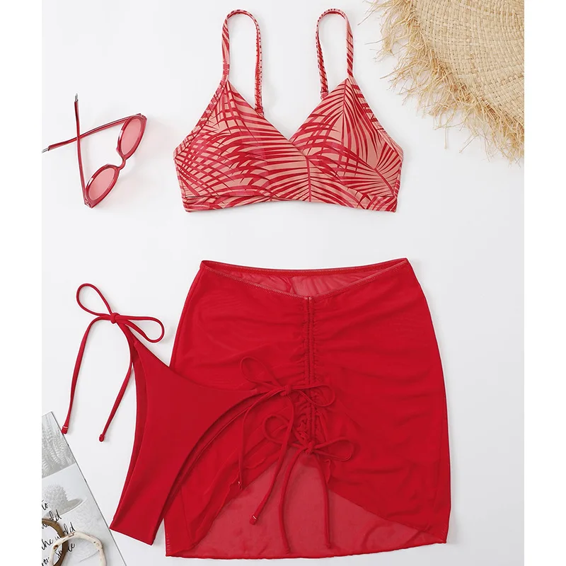 3-Piece Swimsuit Set Bathing Suit Women Swimwear  Bikini Set Woman Swimsuits Sexy Lace Up Swimsuits Printed Vest