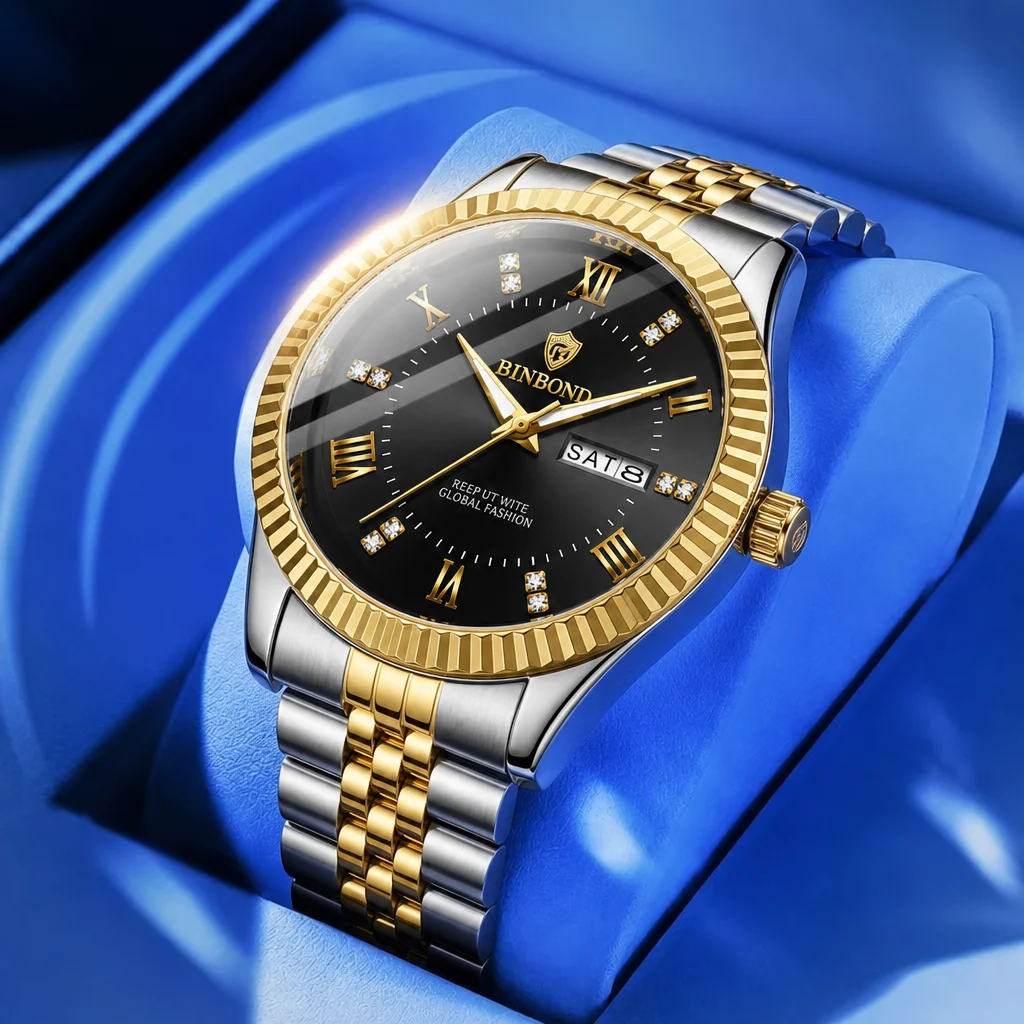 

1pcs Popular Two-Tone Metal Strap Watch with Roman Numeral Markers, Black Dial, Date and Day Display, Stylish and Versat
